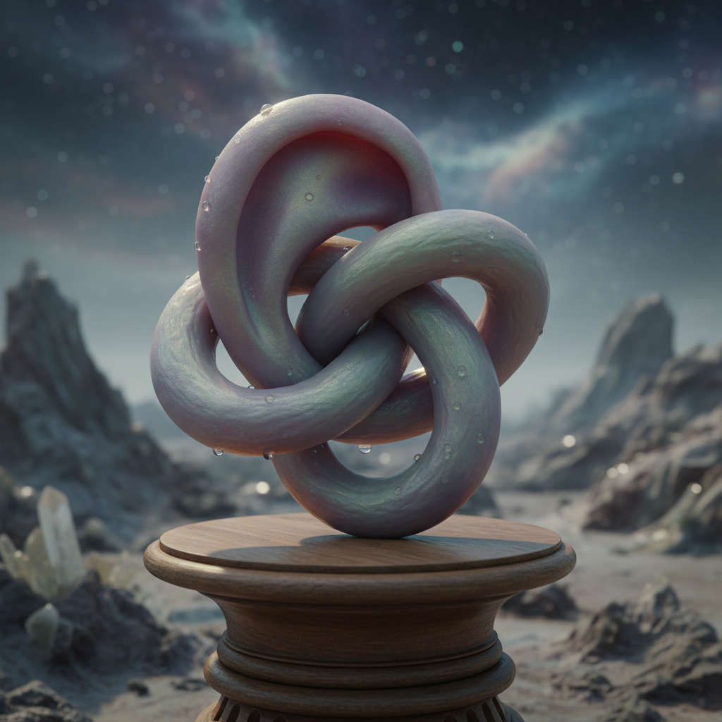A pearlescent knotted sculpture resting on a wooden pedestal in a rocky, alien landscape.